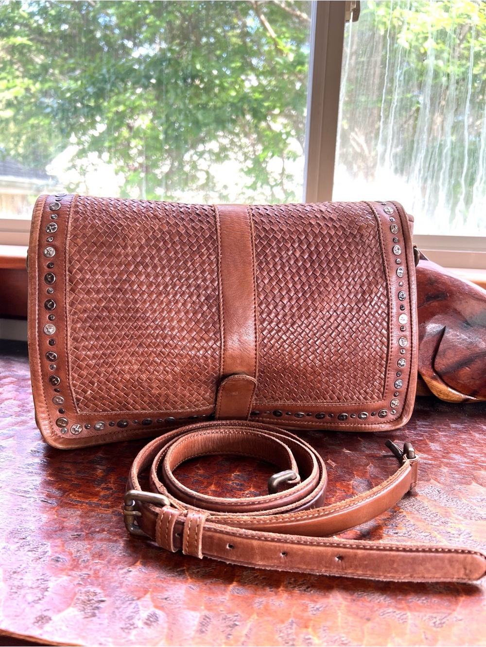 Platania Italian Leather Crossbody Bag Brown Woven Flap and Studded Accents Boho